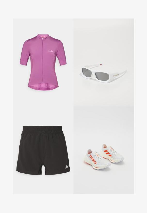 Maillot de cyclisme à manches courtes en violet vif, comportant une fermeture éclair sur le devant, une coupe structurée et un logo "Rapha." discret imprimé sur la poitrine.; Shorts de sport noirs en tissu léger. Dotés d'une taille élastique, d'une poche zippée sur le côté et d'un logo réfléchissant sur l'ourlet.; Baskets de course blanches avec des accents orange. Matériau en mesh, bout arrondi et semelle intermédiaire épaisse. "TERREX" imprimé sur le côté latéral et trois bandes au niveau du talon.; Lunettes de soleil rectangulaires blanches Oakley avec des verres foncés reposant sur une surface blanche, logo visible sur le côté.