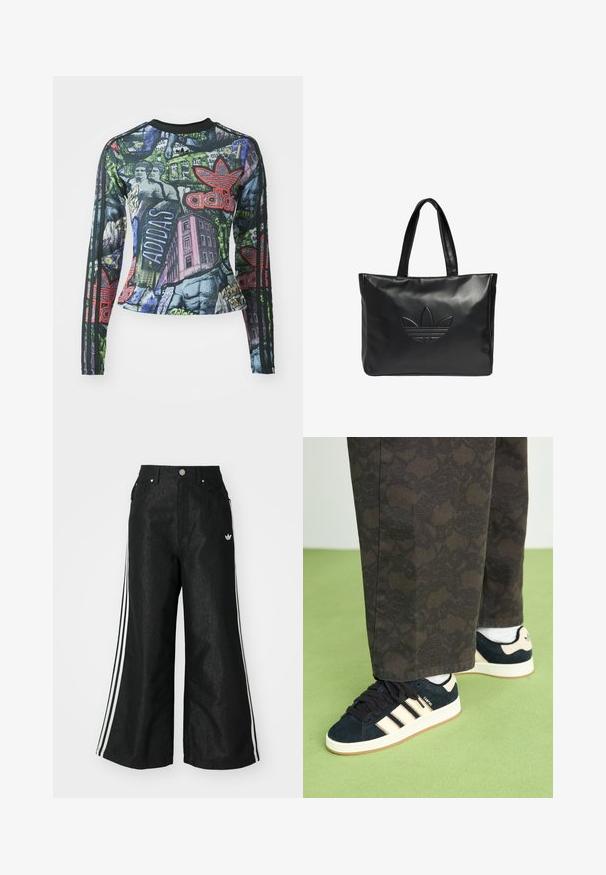 Camisa atlética de manga longa com uma estampa gráfica em cores vibrantes, incluindo preto, verde e vermelho, e três riscas pretas em cada manga.; Calças de denim largas pretas com três riscas brancas em cada lado e um pequeno logótipo branco. Apresenta bolsos frontais e um fecho de botão.; Calças pretas com padrão, combinadas com ténis de camurça azul-marinho com riscas creme e solas brancas. As superfícies mostradas são texturizadas e planas.; Bolsa tote preta em pele com um acabamento suave, apresentando um logótipo em relevo no centro e duas alças robustas para facilitar o transporte.