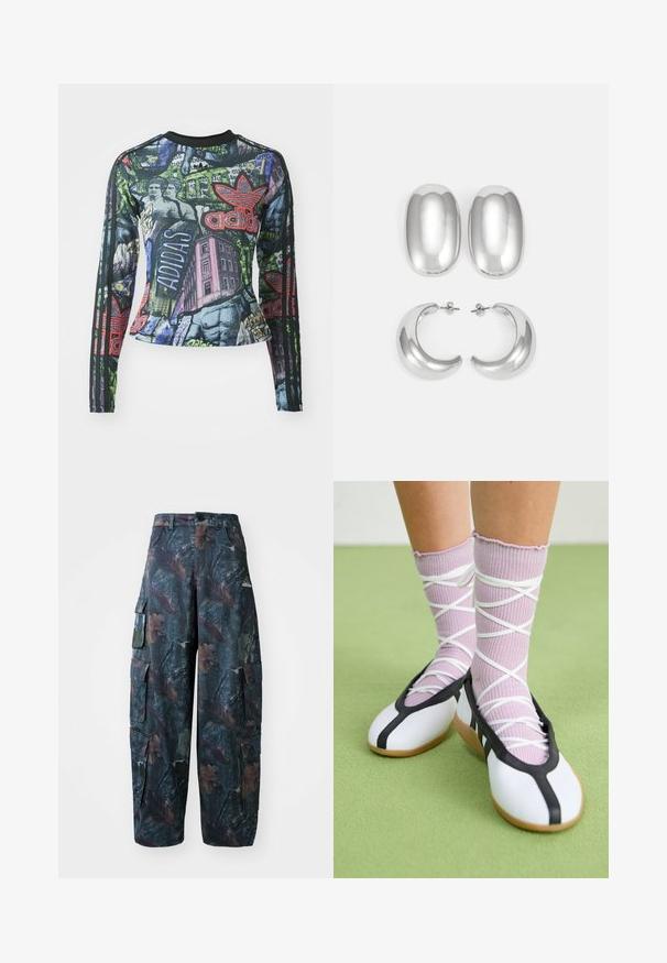 Ilgų rankovių sportinė maikutė su ryškiu spaudiniu, kuriame dominuoja juoda, žalia ir raudona spalvos, o kiekvienoje rankovėje yra trys juodos juostos.; Tamsiai žalios ir rudos kamufliažinės krovinių kelnės, turinčios daug kišenių ir laisvą siluetą, pagamintos iš lengvos, patvarios medžiagos.; Balti plokšti batai su juodu apvadu ir padu, derinami su šviesiai violetinėmis raukšlėtomis kojinėmis, turinčiomis baltomis kryžminėmis juostelėmis. Nustatyti žaliame fone.; Sidabro spalvos auskarų rinkinys: dvi ovalios sagtys ir dvi pusmėnulio formos apyrankės, pasižyminčios blizgiu, lygiu paviršiumi ir suapvalinta forma.