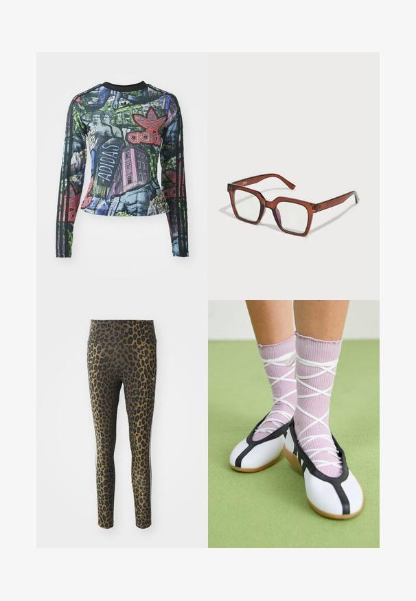 Hosszú ujjú sportfelső, amely grafikás nyomattal rendelkezik élénk színekben, beleértve a feketét, zöldet és vöröset, valamint három fekete csíkot mindkét ujján.; Leopárdmintás leggings magas derékkal, rugalmas anyaggal és fekete kiegészítőkkel, világosbarna alapon, a kényelem és a megfelelő illeszkedés érdekében tervezve.; Fehér lapos cipők fekete díszítéssel és talppal, világos lila bordázott zoknikkal, fehér keresztszalagokkal. Zöld háttér előtt.; Barna, túlméretes, téglalap alakú szemüveg, átlátszó lencsékkel, a jobb lencsén enyhe rózsaszín árnyalattal. Műanyag keret sima felülettel.