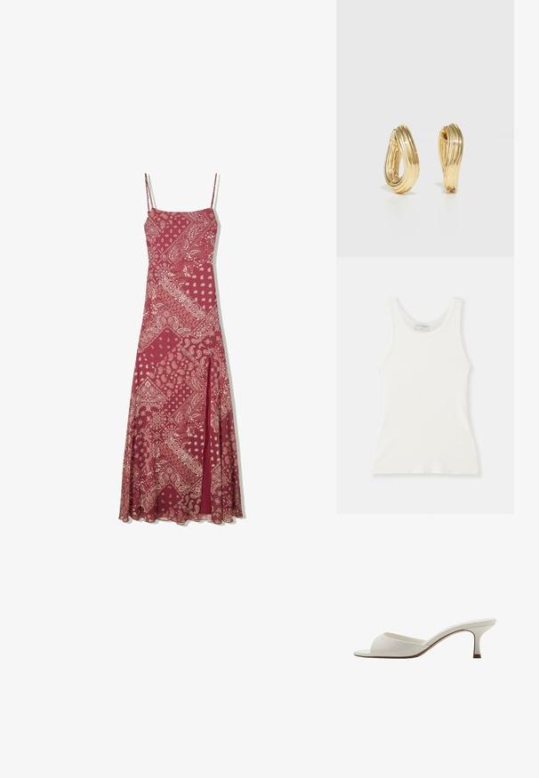 Débardeur blanc côtelé avec un col rond et de larges bretelles, présentant une texture douce et une silhouette ajustée.; Robe longue bordeaux à fines bretelles, arborant un motif paisley crème, une coupe droite et une fente à l'avant pour faciliter le mouvement.; Mules à talons hauts ouverts et blancs avec une finition lisse, un design minimaliste et un talon fin, mettant en avant un accent brun subtil sur la semelle.; Sac en paille tressée de couleur beige clair avec un corps arrondi, un dessus ouvert et une bandoulière amovible. Textures notables et motif de tissage complexe.; Boucles d'oreilles en métal doré en forme de créole avec un design torsadé, caractérisées par une texture nervurée et une finition lisse. Construction légère et creuse.