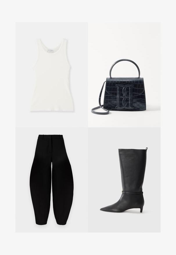 White ribbed tank top with a round neckline and wide shoulder straps, featuring a soft texture and a fitted silhouette.; Black wide-leg trousers with a high waist, pleated front, and tapered ankles. Made from smooth fabric with a matte finish.; Black leather knee-high boot with a pointed toe, accented by a circular strap around the ankle and a low, tapered heel. Smooth texture.; Black crocodile-embossed leather handbag with a structured design, top handle, adjustable strap, and a prominent front logo detail.