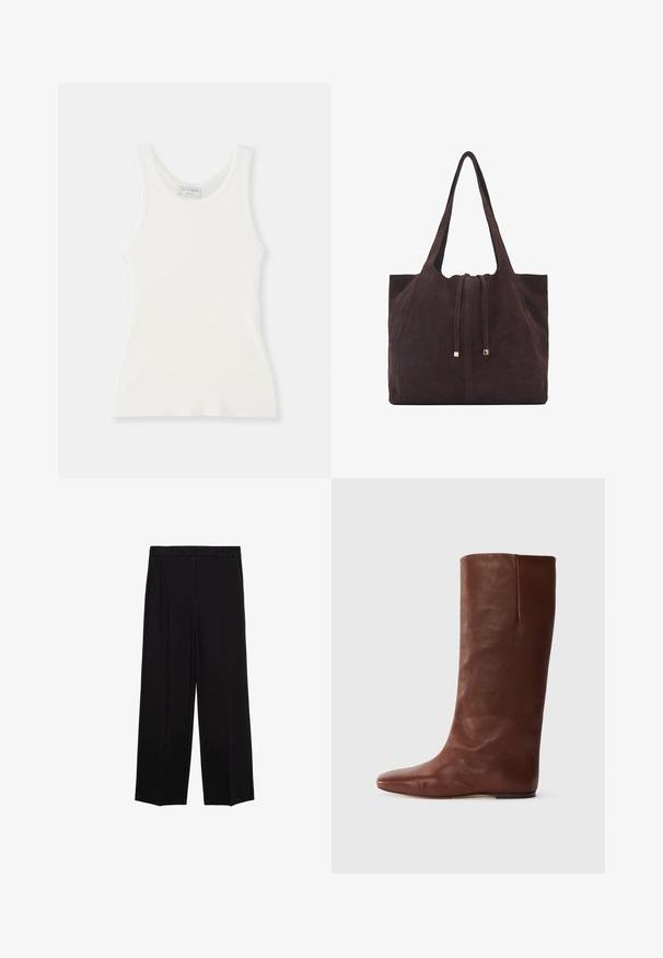 Weißes geripptes Tanktop mit rundem Ausschnitt und breiten Schulterträgern, das über eine weiche Textur und eine figurbetonte Silhouette verfügt.; Schwarze weit geschnittene Hosen aus glattem Stoff, mit Falten an der Vorderseite und seitlichen Taschen, entworfen in einem geraden, lässigen Schnitt.; Braune Lederstiefel bis zum Knie mit spitzem Schuhdesign und minimalistischem Stil; glatte Textur, keine sichtbaren Beschläge oder Verzierungen.; Mango Shopping Bag - dark brown