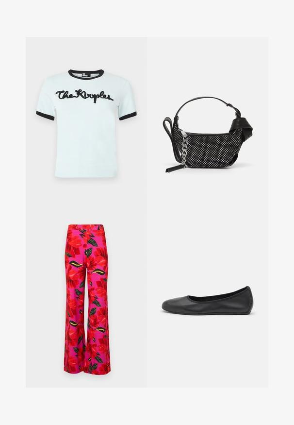 Gaiši zils īsām piedurknēm T-krekls ar melnu ribota apkaklīti un aprocēm, uz kura priekšpuses ir melns slīpais "The Kooples" logotips.; Plathet ar platu kāju rozā audumā, kas rotāts ar lielu sarkanu ziedu rakstu, zaļām lapām un melniem akcentiem. Gluda tekstūra, augsta jostas dizains.; Melna ādas baleta kurpe ar noapaļotu purngalu, gludu tekstūru, minimālu šuvju detalizāciju un elastīgu zoles dizainu.; Melnā rokassomiņa ar studētiem rotājumiem, ķēdes siksniņu un gludas ādas rokturi, ar apaļu formu un ar rāvējslēdzēju aizveramu nodalījumu.