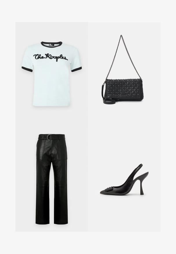Camiseta de manga corta de color azul claro con cuello y puños de canalé negros, que presenta el logotipo en cursiva negro "The Kooples" en la parte frontal.; Pantalones de cuero negros de cintura alta con piernas anchas, grandes bolsillos frontales y un cinturón a juego con hebilla de doble anillo.; Zapato slingback de piel negra con punta afilada, tacón alto delgado y un lazo decorativo. Textura suave y diseño elegante.; Bolso de piel acolchada negra con una correa de cadena, que presenta adornos de calaveras y un cierre de cremallera. Superficie texturizada con un acabado brillante.
