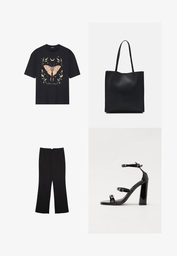 Čierne bavlnené tričko s farebnou grafíkou motýľa obklopeného listami a hviezdami, s textom "PRAVÁ LÁSKA" na spodnej časti.; Čierne nohavice so strihom rovného strihu, s prednými vreckami a bočnými rozparkami na leme. Vyrobené z mäkkej, hladkej tkaniny. Vhodné na rôzne príležitosti.; Čierne lakované sandále na vysokom opätku s dvoma prackami, štvorcovou špičkou a hrubým blokovým opätkom, s hladkou, lesklou textúrou.; Čierna kožená taška na rameno s hladkým povrchom, obdĺžnikovým tvarom a dvoma dlhými uchami. Bez viditeľného kovania alebo ozdôb.