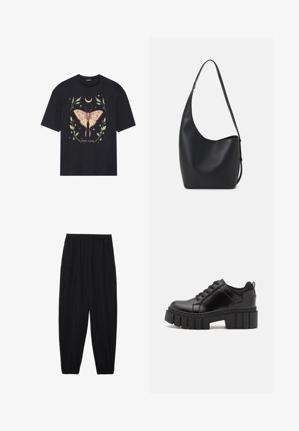 Black cotton t-shirt featuring a colorful butterfly graphic surrounded by leaves and stars, with the text "TRUE LOVE" at the bottom.; Black, lightweight pants with an elastic waistband and gathered ankles. The fabric is smooth and features a relaxed, tapered design.; Black leather platform shoes with a chunky block heel, round toe, and traditional lace-up design. Features smooth texture and minimal detailing.; Black leather hobo bag with a smooth texture, curved shape, and single adjustable strap; features a wide opening at the top.