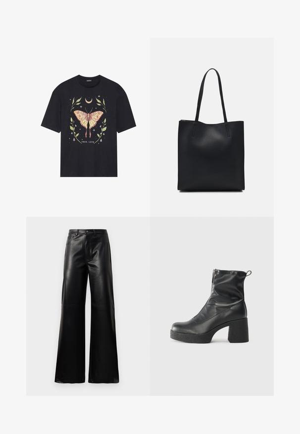 Black cotton t-shirt featuring a colorful butterfly graphic surrounded by leaves and stars, with the text "TRUE LOVE" at the bottom.; Black high-waist wide-leg faux leather pants with front button, zip closure, belt loops, and side pockets on white background.; Black ankle boots made of smooth leather, featuring a side zipper, chunky textured heel, and rounded toe design.; Black leather tote bag with smooth texture, rectangular shape, and two long handles. No visible hardware or embellishments.