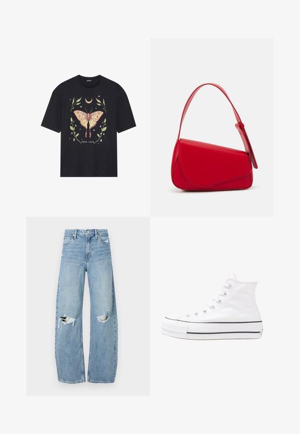 Czarna bawełniana koszulka z kolorową grafiką motyla otoczoną liśćmi i gwiazdami, z napisem "PRAWDA MIŁOŚĆ" na dole.; Jasnoniebieskie, wysokiej talii dżinsy wykonane z denimu. Posiadają szerokie nogawki, dwa podarte miejsca na kolanach oraz klasyczne pięć kieszeni.; Białe wysokie trampki z płótna z czarną gumową podeszwą, przednim czubkiem z gumy i sześcioma dziurkami na sznurowadła, charakteryzujące się prostym, minimalistycznym designem.; Czerwona skórzana torebka o kanciastym, geometrycznym designie. Posiada jedną regulowaną rączkę oraz zapięcie na klapę z przeszyciami.