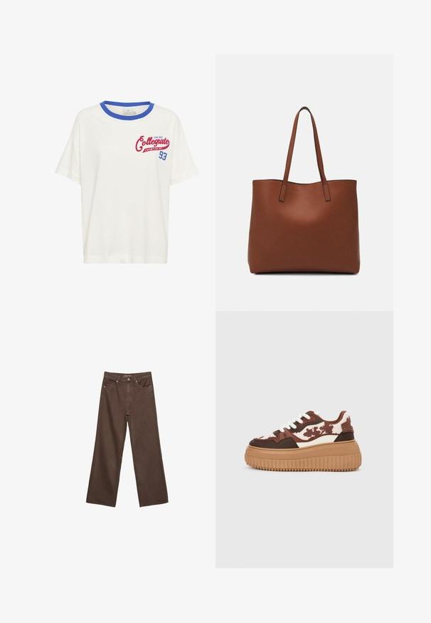Bílá bavlněná tričko s modrým žebrovaným výstřihem a červeným grafickým detailem "Collegiate Champion Est. 93" na přední straně. Krátké rukávy.; Hnědé džíny s širokými nohavicemi vyrobené z denimu, s vysokým pasem, předními kapsami a klasickým zapínáním na knoflík. Hladká textura s jemným švem.; Tenisky na platformě s hnědým a krémovým maskáčovým vzorem, kontrastními béžovými podešvemi a bílými tkaničkami. Vrchní část kombinuje různé materiály a textury.; Hnědá kožená taška přes rameno s hladkou texturou, otevřeným designem a dvěma ramenními popruhy. Obsahuje minimální švy a žádné viditelné kovové prvky.