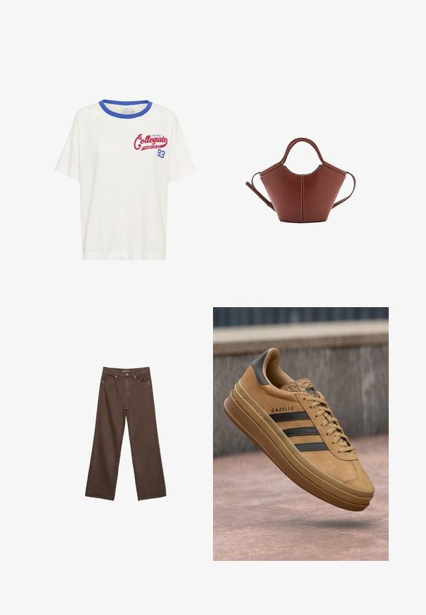 Weißes Baumwoll-T-Shirt mit einem blauen, gerippten Rundhalsausschnitt und einem roten "Collegiate Champion Est. 93" Grafikdetail auf der Vorderseite. Kurze Ärmel.; Weite braune Jeans aus Denim, mit hoher Taille, Fronttaschen und klassischem Knopfverschluss. Glatte Textur mit feinen Nähten.; Beige Wildledersneaker mit glatter Oberfläche, drei dunklen Streifen, abgerundetem Zehenbereich und einer dickeren Sohle mit strukturiertem Rand.; Braune Ledertasche mit konischer Form, robusten Trägern und kontrastierenden weißen Nähten. Verfügt über einen abnehmbaren Schultergurt für Vielseitigkeit.