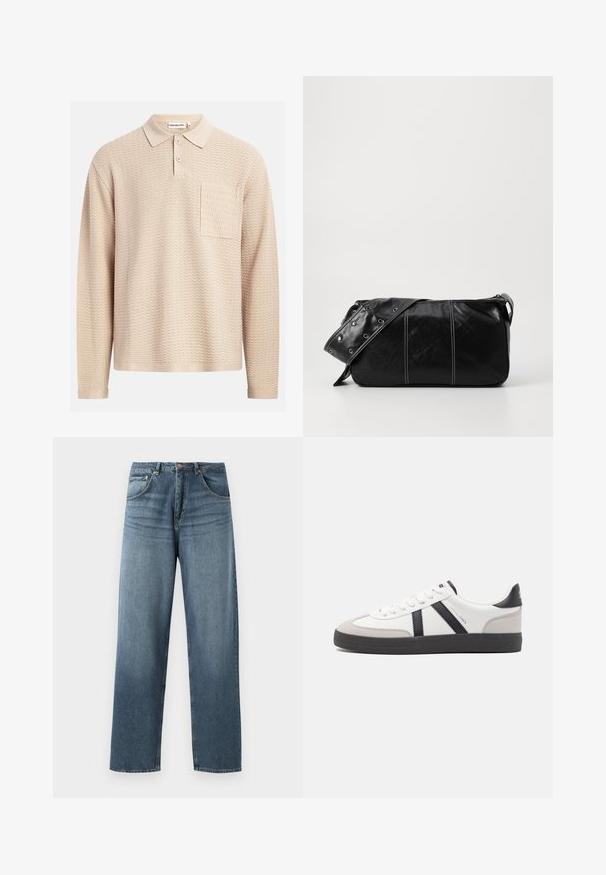 Beige long-sleeve polo shirt featuring a textured wave pattern, a classic collar, three buttons, and a left chest pocket.; Straight-leg blue denim jeans with a faded wash, featuring five-pocket design, metal button, and belt loops. Structured, medium-weight fabric.; White sneaker with black and gray accents, featuring a textured gray toe cap, black rubber sole, and flat white laces. Clean design, minimalist style.; Black leather shoulder bag with a zip closure, featuring a textured body, white stitching, and a strap with silver grommets.