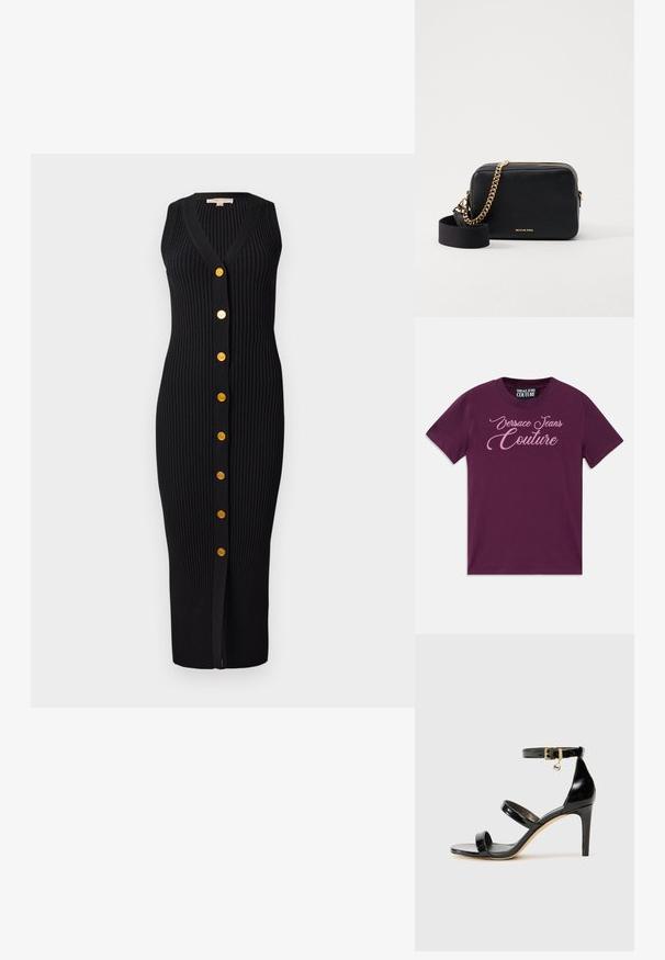 T-shirt de algodão roxa com mangas curtas, apresentando um logotipo brilhante em rosa "Versace Jeans Couture" em caligrafia na parte da frente.; Vestido preto de malha com nervuras, com decote em V, design sem mangas e botões em tom dourado na parte frontal, apresentando uma silhueta ajustada.; Sandal de couro envernizado preto com três tiras, fivela no tornozelo e salto agulha de 10 cm. Apresenta detalhes em hardware dourado e um charme com logotipo.; Bolsa transversal de couro preto com detalhes em corrente dourada, fecho de zíper e uma alça de tecido destacável. Logótipo da Michael Kors na frente.