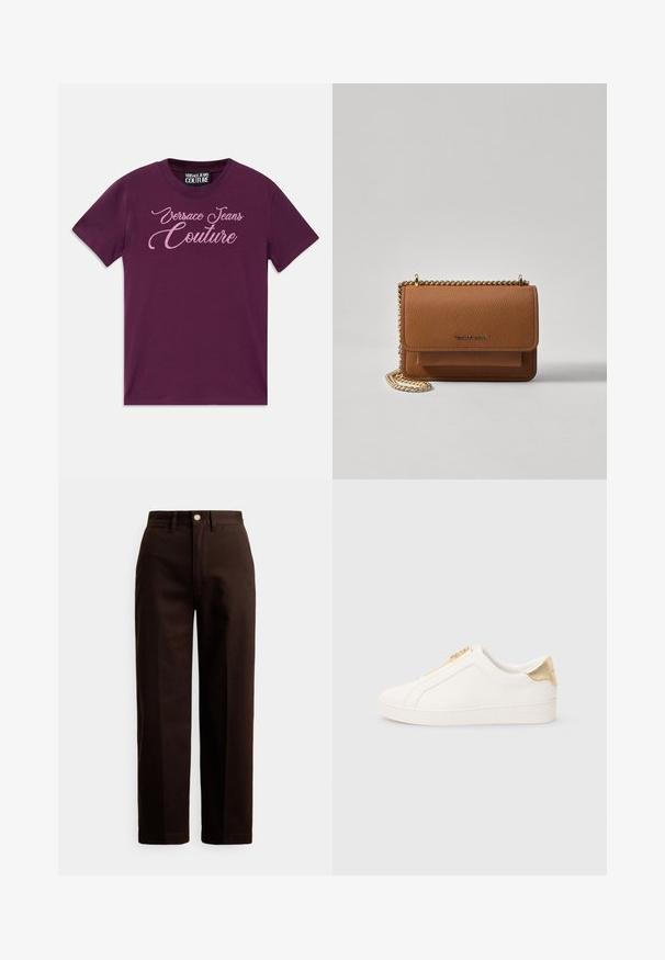 T-shirt de algodão roxa com mangas curtas, apresentando um logotipo brilhante em rosa "Versace Jeans Couture" em caligrafia na parte da frente.; Calças castanho-escuro de perna reta com fecho de botão e fecho éclair, passantes para cinto e bolsos frontais contra um fundo branco.; Tênis brancos tipo slip-on feitos em couro liso, com um fecho dourado e um detalhe próximo ao calcanhar com acabamento texturizado e logótipo gravado na lateral.; Bolsa crossbody de couro texturizado castanho com alça de corrente dourada e fecho com aba. A parte da frente apresenta detalhe do logótipo e um bolso sob a aba.