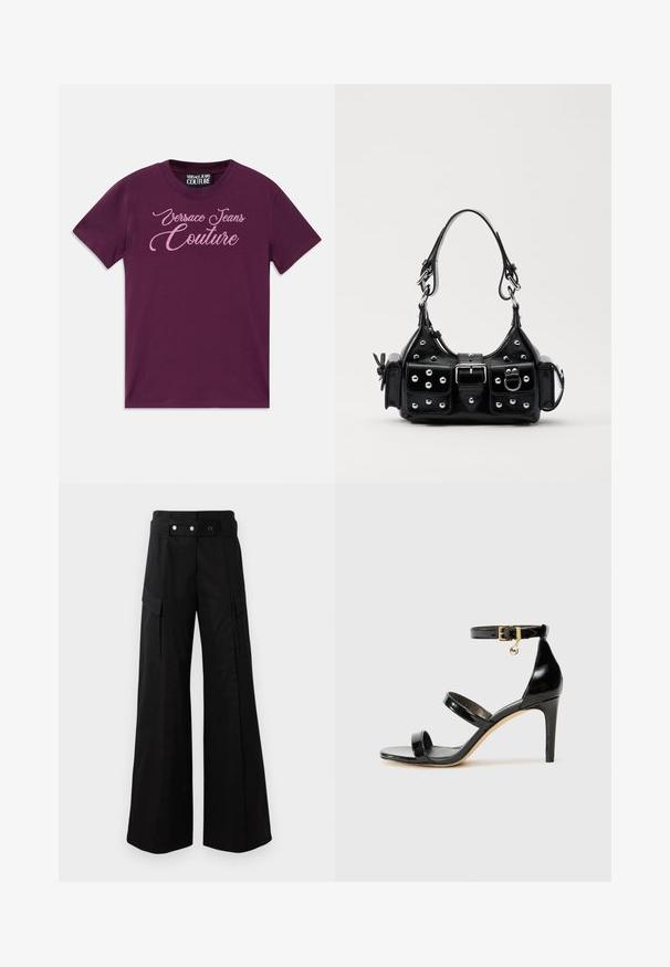 Violetinės medvilnės marškinėliai su trumpomis rankovėmis, ant kurių priekyje yra blizgiai rožinė "Versace Jeans Couture" logotipo užrašas.; Juodos platėjančios kelnės su aukštu juosmeniu, turinčios dideles šonines kišenes, dvi priekinės mygtukus ir kilpelės detalę. Pagamintos iš tvirto audinio.; Juodas patentuotas odinis sandalai su trimis diržais, kulkšnies sagtimi ir 4 colių stiletto kulnu. Yra aukso detalės ir logotipo žavesys.; Juodas odinis rankinukas su kreiviu dizainu, su sidabro spalvos knopkėmis, užsegimu ir dviem šoninėmis kišenėmis. Reguliuojama dirželis nešimui.