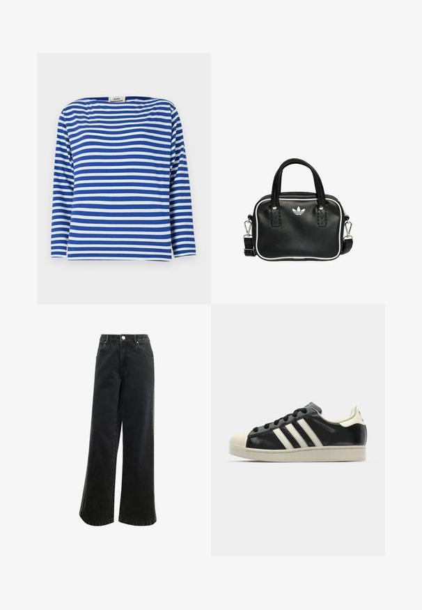Blue and white striped long-sleeve top with a boat neckline. Made of lightweight fabric with a relaxed fit and straight hem.; High-waisted, wide-leg black denim pants with a button closure, five pockets, and a small logo embroidered on the front. Textured fabric.; Black leather sneaker with white stripes, rubber toe cap, black laces, and a cream-colored outsole. Smooth texture with shiny finish.; Black leather handbag with two short handles, silver hardware, white accents, and a white logo. Features a textured surface and compact design.