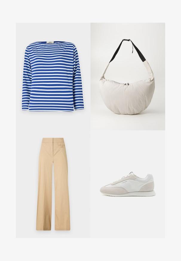 Modra in bela črtasta dolgonosna majica s čolničastim izrezom. Izdelana iz lahkega materiala z sproščenim krojem in ravnim robom.; Beige široke hlače iz mešanice bombaža. Imajo gladko teksturo, elastičen pas in stranski gumbov detajl.; Svetle teniske, ki združujejo belo usnje in bež semiš, z teksturiranim podplatom in minimalnim blagovnim znakom na strani.; Svetlo bež prešita torba za rame z ukrivljenim, polmesec oblikom. Črn trak, zadrga na zapiranju in diskretna oznaka spredaj. Mehka tekstura.