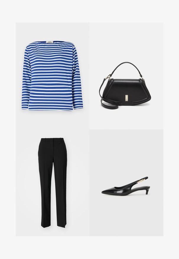 Blau-weiß gestreiftes langärmliges Oberteil mit Bootsausschnitt. Hergestellt aus leichtem Stoff mit lockerer Passform und geradem Saum.; Schwarze, taillierte Hose mit geradem Bein, aus einem glatten Stoff und mit klaren Falten an der Vorderseite. Keine sichtbare Hardware.; Schwarze Leder-Slingback-Pumps mit spitzem Schuhblatt, ausgestattet mit einem schlanken Absatz und einem goldfarbigen Akzent am verstellbaren Riemen. Glatte Textur.; Schwarze Lederhandtasche mit einem strukturierten Design, das eine verkürzte Form, einen oberen Griff und goldfarbene Hardware-Details aufweist. Verstellbarer Schulterriemen ist enthalten.