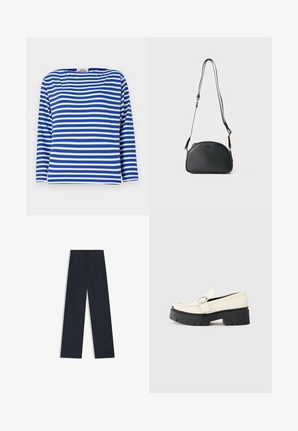 Blauwe en witte gestreepte lange mouwen top met een bootnek. Gemaakt van een lichte stof met een ontspannen pasvorm en rechte onderkant.; Navy brede pijpen met een elastische tailleband, twee zijzakken en een gladde, geweven textuur. Geen zichtbare patronen of hardware details.; Witte leren loafer met een stevige zwarte plateauzool, voorzien van een rechthoekige zilveren gesp en zichtbare stiksels op de bovenkant.; Zwarte leren schoudertas met een ronde vorm, twee verstelbare banden en een subtiel logo op de voorkant. Gestructureerde buitenkant, minimalistisch ontwerp.