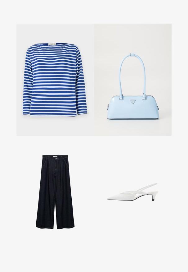 Tricou lung cu mânecă, în dungi albastre și albe, cu decolteu în formă de barcă. Fabricat dintr-un material ușor, cu o croială lejeră și tiv drept.; Pantaloni largi din denim închis, cu talie înaltă, având un închidere cu nasture frontal, două buzunare laterale și detalii de cusătură.; Sandale albe cu toc slingback și vârf ascuțit, având un upper neted, decupaje subtile și un toc bloc mic. Talpa neagră accentuează designul.; Geantă de mână bleu deschis, cu o formă structurată, din piele netedă, două mânere și un logo de brand triunghiular pe față. Închidere cu fermoar.