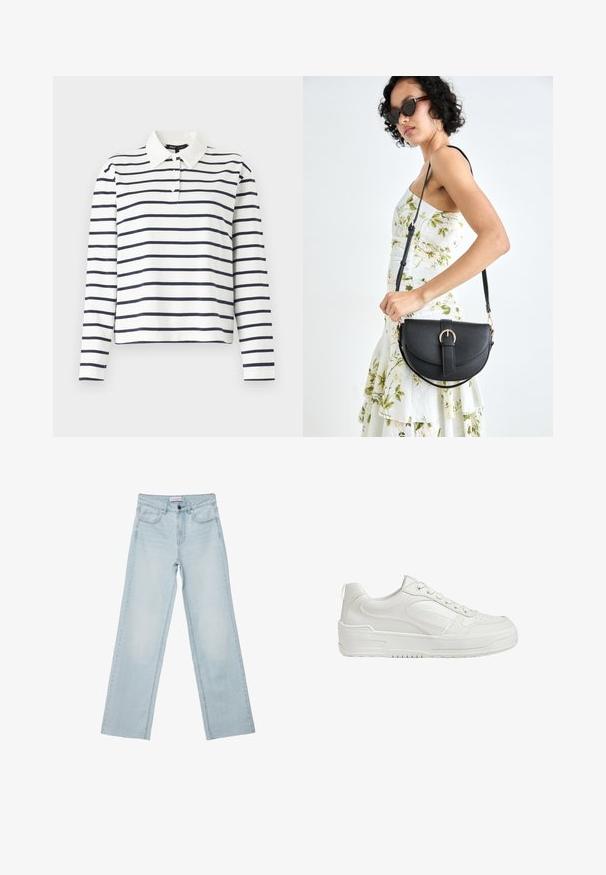 Biele tričko s dlhým rukávom s námorníckymi horizontálnymi pruhmi, s golierom a trojicou gombíkov. Vyrobené z bavlny.; Svetlomodré široké džíny vyrobené z denimu. Majú päť vreciek, gombíkový zips a vyblednuté detaily. Klasický rovný strih s voľným strihom.; Biele kožené tenisky s hladkým povrchom, polstrovaným členkom a perforovanou špičkou. Majú mierne zvýšenú gumovú podrážku a šnurovací dizajn.; Čierna kožená kabelka s zaobleným tvarom, odnímateľným popruhom a zlatými doplnkami. Kabelka má klopu s detailom s prackou.