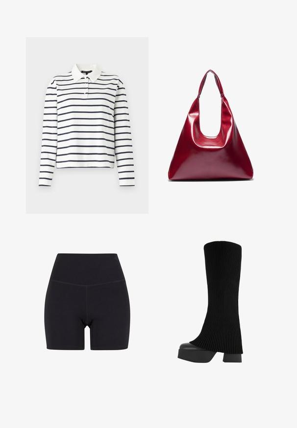 Fehér, sötétkék vízszintes csíkos, hosszú ujjú pólóing, galléros nyakkivágással és háromgombos légmentesítéssel. Pamutból készült.; Fekete, magas derekú, rugalmas anyagból készült rövidnadrág. Jellemzője egy rugalmas derékpánt, sima felület és középmagas hossz, varrás nélküli kivitelben.; Fekete, térdig érő csizma bordázott szövet felsőrésszel, masszív platform talppal és blokk sarkával, sima textúrával és letisztult, modern dizájnnal.; Piros fényes bőrtáska háromszögletű formával, széles felső nyílással és egyetlen ívelt fogantyúval. Sima felület, minimális varrási részletekkel.