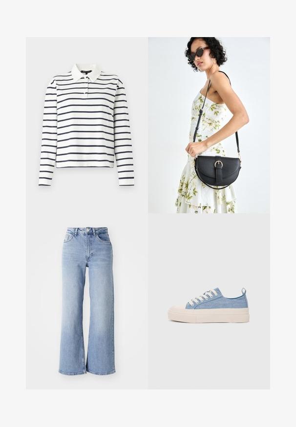 Biała koszulka polo z długim rękawem w niebieskie poziome paski, z kołnierzykiem i listwą na trzy guziki. Wykonana z bawełny.; Jasnoniebieskie spodnie o wysokim stanie, z szerokimi nogawkami, z przednimi i tylnymi kieszeniami, z zapięciem na guzik oraz subtelnym wyblaknięciem na udach i u dołu nogawek.; Jasnoniebieskie płócienne sneakersy z kremowym czubkiem z gumy i podeszwą, z białymi sznurówkami i pętelką na pięcie.; Czarna skórzana torebka o zakrzywionym kształcie, z odpinanym paskiem i złotymi akcentami. Torebka posiada klapę z zapięciem w kształcie klamry.