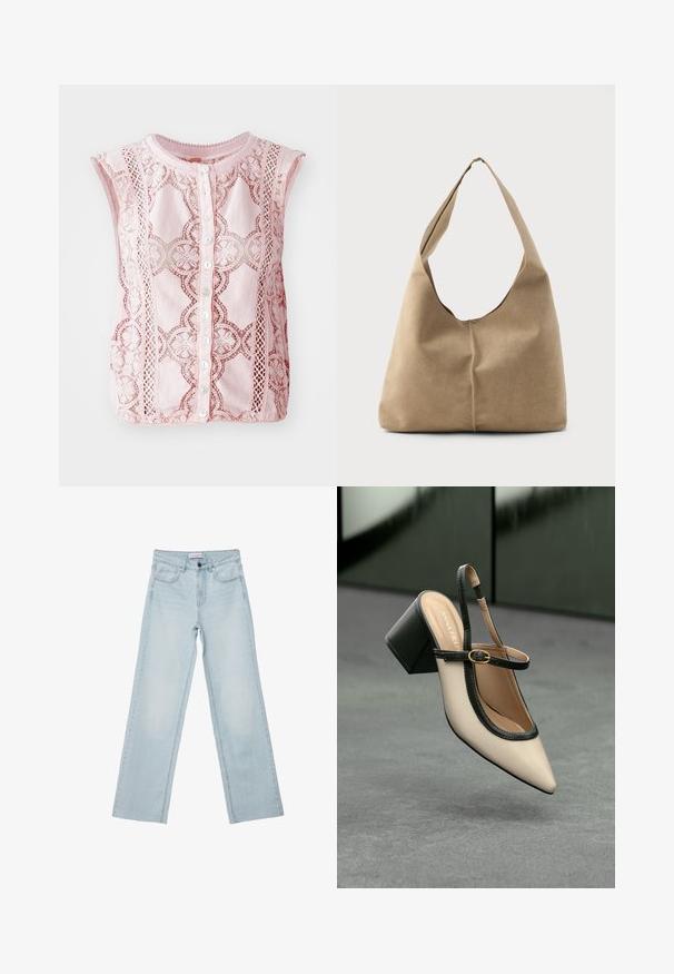Svetlo roza brezrokavnica z čipkastimi detajli, okroglo izrezom in gumbasto zapiero s petimi gumbi spredaj.; Svetlo modri široki kavbojke izdenima. Imajo pet žepov, gumbasto zaponko in zbledela podrobnost. Klasičen naravnost kroj s prostornim prileganjem.; Bežna slingback čevlja z uskim sprednjim delom, črnimi detajli, zlatim zaponko in debelim blokovskim peto na sivi tleh s temno zeleno ozadje.; Hobo torba iz mehkega bež nubuka z ohlapno obliko, širokim ramenskim trakom in ročno šivanim šivom po sprednji strani.