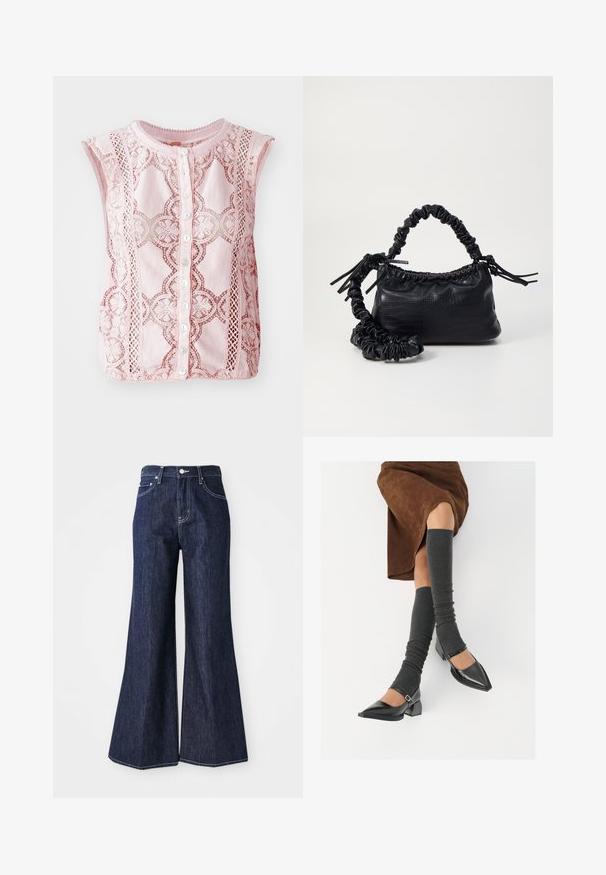 Világos rózsaszín, ujjatlan felső csipke díszítéssel, kerek nyakkivágással és öt gombból álló gombolással elöl.; Sötét farmer lecsúszó nadrág magas derékkal, gombos és cipzáras záródással. A fehér varrás és a széles lábak struktúrált sziluettet alkotnak.; Fekete lakk bőrből készült, hegyes orrú cipők, tömbsarkúakkal és bokapánttal, szürke bordás lábszármelegítőkkel és barna velúr szoknyával párosítva.; Fekete műbőr kézi táska krokodil bőr textúrával, összehúzható tetejű és gyűrt pánttal. Lágy és kompakt dizájnúnak tűnik.