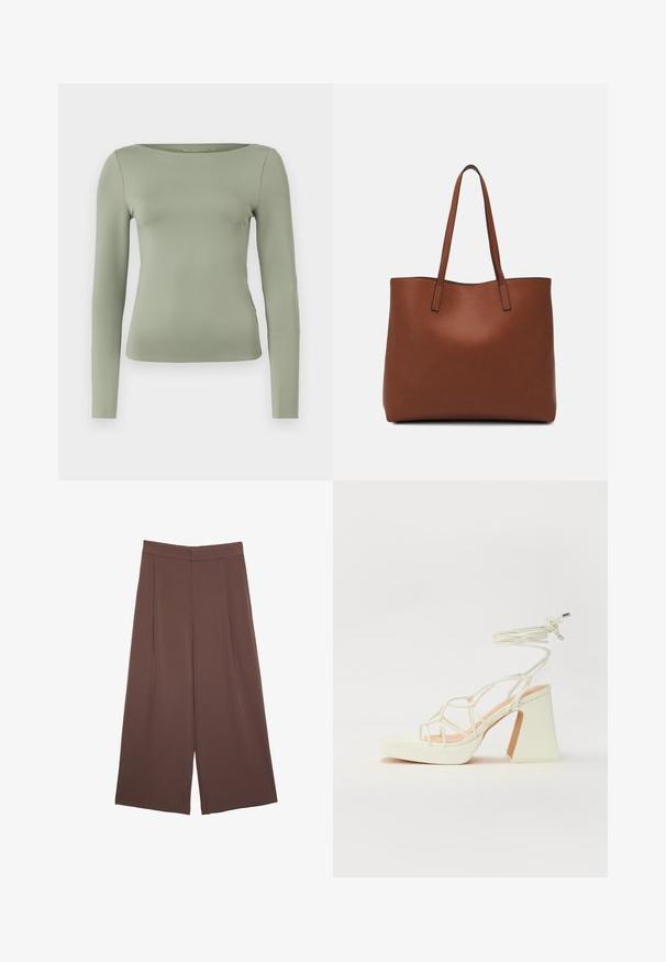 Duga rukava majica u svijetlozelenoj boji, s okruglim izrezom i prilagođenim krojem, napravljena od glatkog, rastezljivog materijala. Bez uzoraka ili ukrasa.; Smeđe hlače širokog kroja s glatkom teksturom, koje imaju visok struk i nabore sprijeda. Tkanina je lagana i slobodno se kreće.; Bijela sandala na visokoj potpetici s debelim petom, s remenom i vezanjem oko gležnja. Glatka tekstura s platformom sprijeda za dodatnu visinu.; Smeđa kožna torba preko ramena s glatkom teksturom, otvorenim vrhom i dvjema naramenicama. Ima minimalne šavove i nema vidljivog hardvera.
