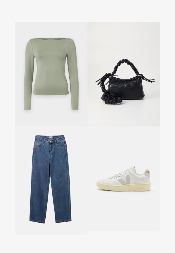Długi rękaw, jasn зеленый top, z okrągłym dekoltem i dopasowanym krojem, wykonany z gładkiego, rozciągliwego materiału. Brak wzorów i ozdób.; Klasyczne niebieskie dżinsy o prostym kroju, pięć kieszeni i zapięcie na guzik. Charakteryzują się średnim odcieniem i solidną teksturą.; Białe skórzane trampki z beżowymi zamszowymi akcentami, perforowanym noskiem, płaskimi sznurowadłami i teksturowaną kremową podeszwą. Posiadają subtelne logo na pięcie.; Czarna torebka z syntetycznej skóry o teksturze krokodyla, z zaciąganym górnym zamknięciem i marszczonym paskiem. Wygląda na miękką i zwartą w designie.