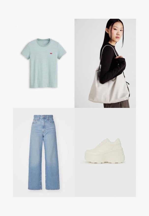 T-shirt listrada azul clara, feita de algodão, com mangas curtas e decote redondo. Um pequeno logotipo vermelho da Levi’s está posicionado no peito.; Jeans de cintura alta e perna larga em azul claro, com fecho frontal de botão e zíper, bolsos frontais e traseiros, sobre um fundo branco.; Tênis brancos de plataforma com um cabedal suave semelhante a couro, formato arredondado, colarinho acolchoado e sola de borracha texturizada com ranhuras bem definidas.; Uma bolsa bege feita de material macio, com um design descontraído, detalhes de costura e duas alças para o ombro. Adequada para uso diário.