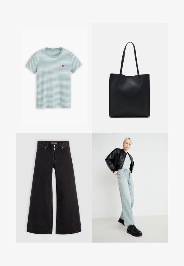 Tricou cu dungi albastre deschise, confecționat din bumbac, cu mâneci scurte și guler rotund. Un mic logo roșu Levi’s este plasat pe piept.; Jeans cu picioare largi din denim negru, cu fermoar în față, design cu cinci buzunare și detalii subtile de cusătură. Textură netedă și stil casual.; Jachetă bomber din piele neagră, cămașă verde mentă, blugi evazați de culoare albastru deschis și pantofi negri cu șireturi, pe un fundal minimal.; Geantă tote neagră din piele, cu textură netedă, formă rectangulară și două mânere lungi. Fără hardware vizibil sau ornamente.
