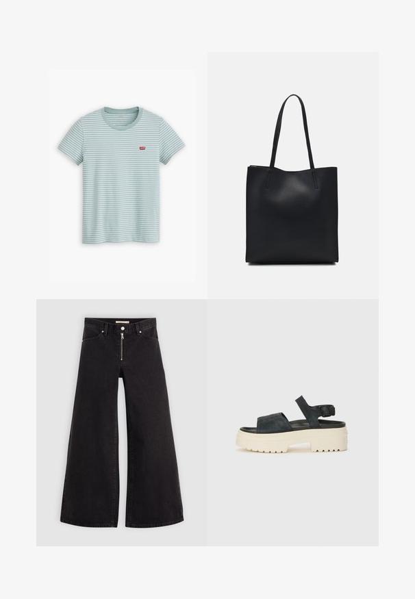 Šviesiai mėlyna juostuota medvilninė marškinėliai, su trumpomis rankovėmis ir apvaliu iškirpimu. Mažas raudonas Levi's logotipas yra ant krūtinės.; Plačios kojų džinsai iš juodo džinsinio audinio su užtrauktuku priekyje, penkių kišenių dizainu ir subtiliais siuvinėjimo akcentais. Lygus paviršius ir laisvalaikio stilius.; Juodos zomšos platforminės sandalai su masyviu baltu padais, plačia priekinė juostele ir reguliuojamu kulkšnies užsegimu. Textūruotas padas užtikrina sukibimą.; Juodas odinis tote krepšys su lygia tekstūra, stačiakampio formos ir dviem ilgais rankenomis. Matomų metalinių detalių ar puošybos nėra.
