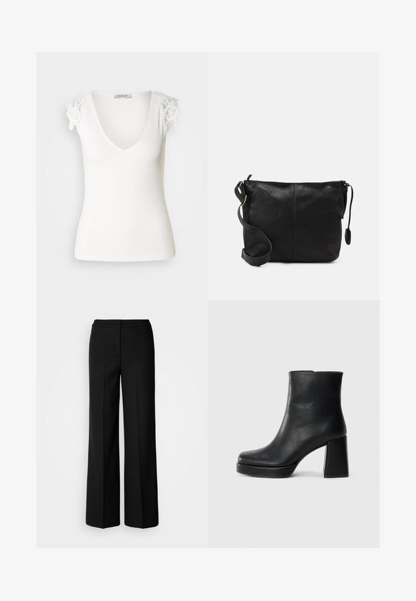 Top de tirantes blanco con diseño acanalado, cuello en V y detalles de encaje floral en los hombros. Textura suave, diseño ajustado. Etiqueta de la marca visible en el interior.; Pantalones de pierna ancha negros con una tela suave, que presentan una cintura alta, costuras ajustadas y un diseño minimalista. Sin herrajes visibles ni bolsillos.; Botín de cuero negro con tacón cuadrado y suela de plataforma, visto de lado sobre un fondo blanco liso.; Bolso cruzado de cuero negro con forma plana, acentos de hardware dorado y correa ajustable. Textura suave con detalles de costura mínimos.