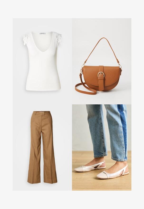 Bílý žebrovaný top bez rukávů s výstřihem ve tvaru V a květinovými krajkovými detailem na ramenou. Hladká textura, přiléhavý střih. Značka viditelná uvnitř.; Hnědé široké kalhoty vyrobené z lehké tkaniny. Mají plochý přední díl, poutka na pásek a upravený siluetu s délkou ke kotníkům.; Světle růžové slingback baleríny s špičatou špičkou, vyrobené z hladkého koženému materiálu. Obsahují vystřihovací detaily po stranách a plochý podpatek.; Hnědá kožená křížová taška s zakřiveným tvarem, zlatými detaily a akcentem s přezkou. Obsahuje odnímatelný popruh na rameno.