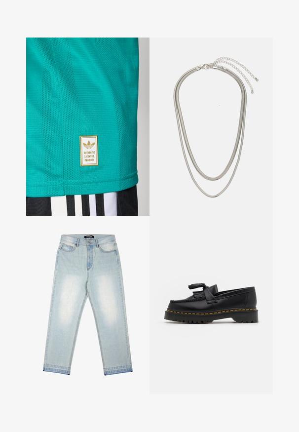 Turkoosi urheilu paita, joka on valmistettu tekstuurista ja hengittävästä kankaasta. Varustettu kultatarralla, jossa lukee "AITO VIHREÄ TUOTE" sekä verkkokäyttöisillä yksityiskohdilla.; Pegador BARROW - Loose fit -farkut - sand washed blue; Musta nahkakengät, joissa on tupsuakkentti, paksu musta pohja ja keltainen ommel reunassa. Rakeinen pinta.; Kolmikerroksinen hopeametallinen kaulakoru, jossa on tyylikkäitä, joustavia ketjuja, joissa on hieno kiilto. Kaulakoru on kiinnitetty hummerilukolla ja siinä on säädettävä ketju.