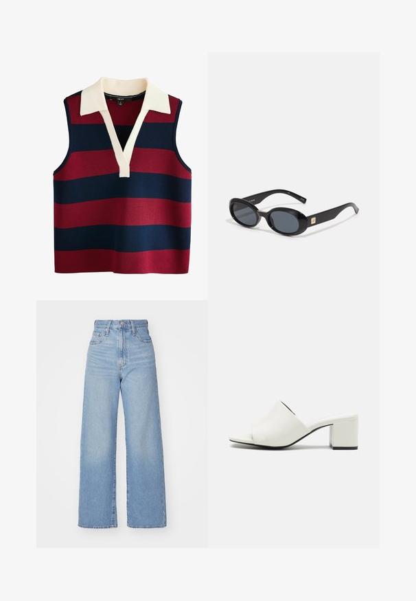 Mouwloze pullover met een V-hals, voorzien van brede horizontale strepen in rood en marineblauw, verfraaid met een crèmekleurige kraag. Textuur gebreide stof.; Lichtblauwe high-waist wijde jeans met een knoop- en ritssluiting aan de voorkant, voor- en achterzakken, op een witte achtergrond.; Witte blokhak mules met een soepele leren bovenkant, open teen en minimalistisch ontwerp. De hak heeft een contrasterende zwarte basis.; Zwarte ovale zonnebril met donkere lenzen, glanzend kunststof frame, brede zijkanten en een kleine gouden accent aan de zijkant.; Meerkleurige, gestructureerde handtas gemaakt van bewerkt stof met ingewikkelde patronen. Voorzien van een sluiting en een korte kettingriem.