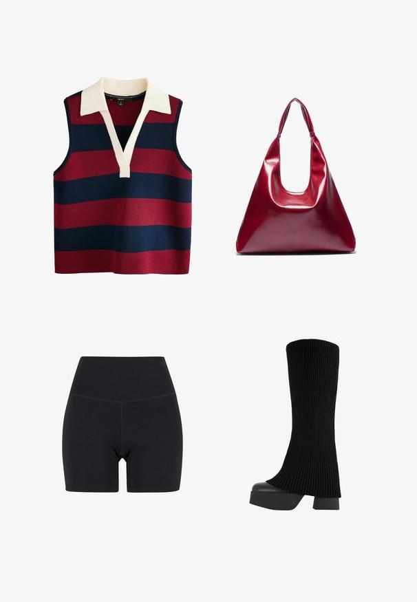 Ärmlös pullover med V-halsringning, prydd med breda horisontella ränder i röd och marinblå, accentuerad av en krämfärgad krage. Texturerat stickat material.; Svarta högmidjade shorts av stretchigt material. Har resår i midjan, slät yta och midjehöjd med sömlös design.; Svart knähög stövel med ett ribbat tygövre, kraftig plattformssula och blockklack, med en slät yta och en elegant, modern design.; Röd glansig läderhandväska med triangulär form, bred öppning upptill och ett enda krökt handtag. Slät textur med minimala sömnadsdetaljer.