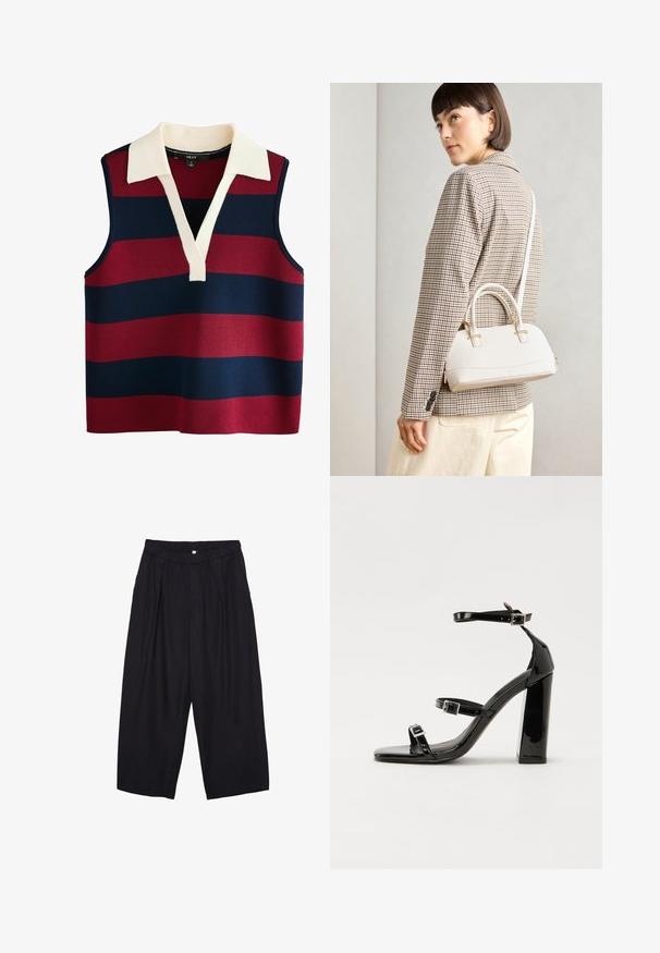 Bez rukava, pleteni pulover s V-izrezom, s širokim horizontalnim prugama u crvenoj i mornarsko plavoj boji, naglašen kremastim ovratnikom. Struktura pletene tkanine.; Crne poliester hlače culotte s elastičnim pojasom, dva prednja nabora i širokim krojem. Nema vidljivih uzoraka ili metalnih detalja.; Crne lakirane sandale na pete sa kvadratnim nosom, trakama oko gležnja i srebrnim kopčama. Imaju čvrst blok petu za stabilnost.; Bijela strukturna torba s kratkim ručkama i remenom za rame, s zlatnim metalnim detaljima i teksturiranim materijalom, prikazana na sivoj pozadini.