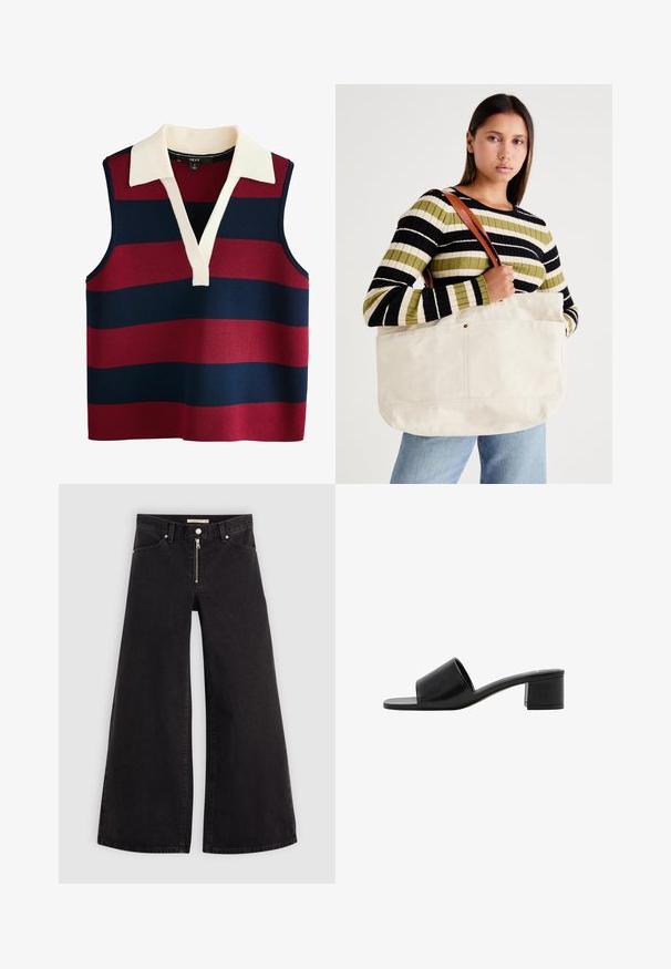 Ärmelloser Pullover mit V-Ausschnitt, der breite horizontale Streifen in Rot und Marine zeigt, akzentuiert durch einen cremefarbenen Kragen. Texturiertes Strickgewebe.; Schwarze Denim-Jeans mit weitem Bein, Reißverschluss vorne, Fünf-Taschen-Design und dezenten Stickdetails. Glatte Textur und lässiger Stil.; Schwarze Leder-Sandale mit offenem Zehenbereich, breitem Riemen und solidem Blockabsatz. Sie zeichnet sich durch eine glatte Textur und ein minimales Design aus.; Große beige Leinen-Totetasche mit braunen Ledergriffen, die ein minimalistisches Design und sichtbare Nähte aufweist.