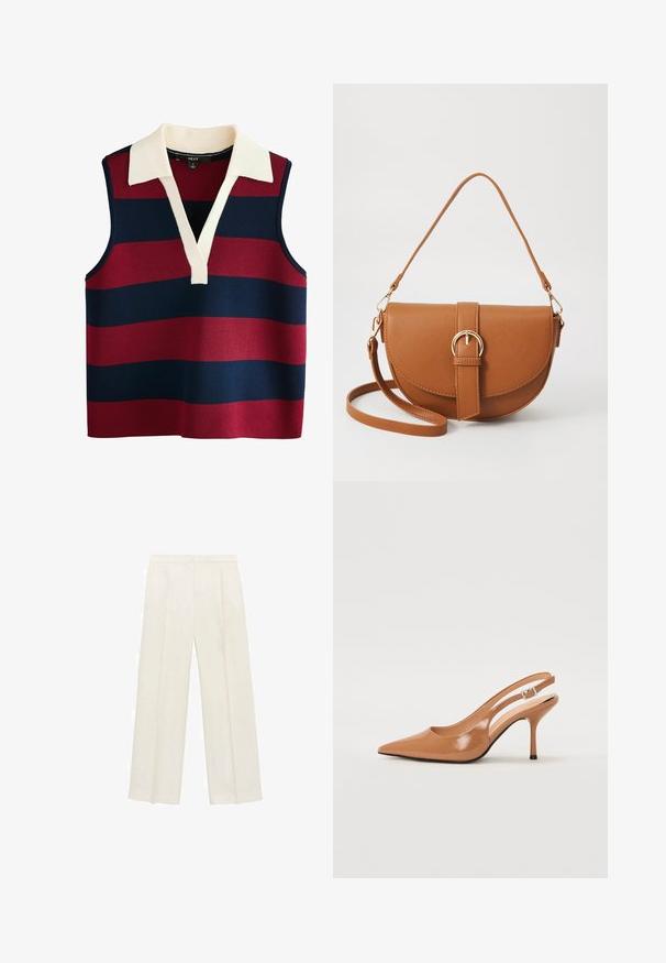 Ärmelloser Pullover mit V-Ausschnitt, der breite horizontale Streifen in Rot und Marine zeigt, akzentuiert durch einen cremefarbenen Kragen. Texturiertes Strickgewebe.; Weit geschnittene Hosen in einem hellen cremefarbenen Farbton. Hergestellt aus einem glatten Stoff mit Falten an der Vorderseite und seitlichen Taschen.; Spitz zulaufender Slingback-Absatz aus einem glatten, glänzenden, tanfarbenen Material. Mit einem geschwungenen Ausschnitt-Design und einem schlanken Stiletto-Absatz. Silberne Schnallendetails.; Braune Leder-Crossbody-Tasche mit geschwungener Form, goldfarbenen Beschlägen und einer Schnallenakzentuierung. Verfügt über einen abnehmbaren Schultergurt.