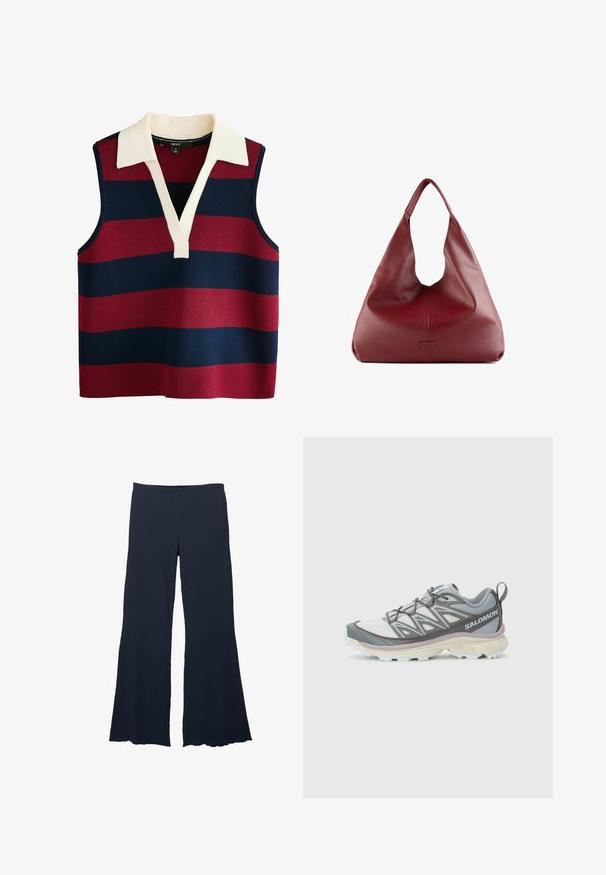 Maglione senza maniche con scollatura a V, caratterizzato da ampie righe orizzontali in rosso e blu navy, accentuato da un colletto color crema. Tessuto a maglia testurizzato.; Pantaloni a gamba larga blu navy in tessuto testurizzato con vita alta e fondo svasato, caratterizzati da una silhouette morbida e fluente.; Scarpa da corsa leggera e multi-materiale con una tomaia grigia e bianca, mesh testurizzato, suola imbottita e dettagli di allacciatura distintivi.; Borsa hobo in pelle rossa con un design ampio e morbido e una grande apertura, caratterizzata da una sottile texture e un logo impresso sul davanti.