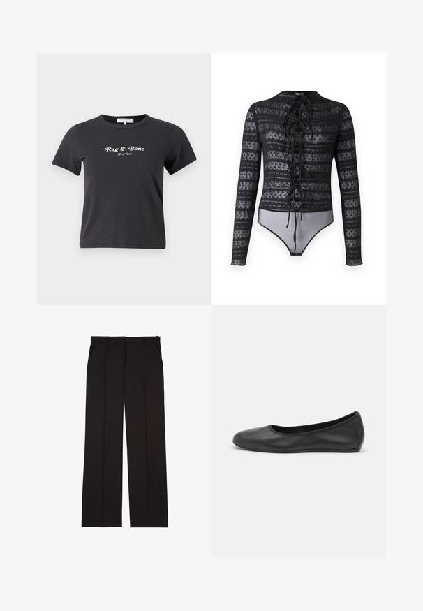 rag & bone MINI SCRIPT TEE - Print T-shirt - black mult; Hofmann Copenhagen EXCLUSIVE MIRELLA - Blouse - black; Black tailored trousers made of a smooth fabric, featuring a straight-leg design, and two side pockets. Elegant and minimalistic construction.; Black leather ballet flat with a rounded toe, smooth texture, minimal stitching detail, and a flexible sole design.