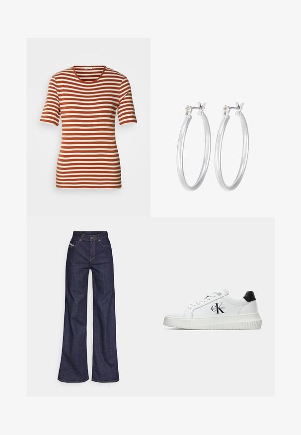 Camiseta a rayas con colores alternos de óxido y crema, mangas cortas, escote redondo y una tela suave y texturizada.; Vaqueros de pierna ancha de color azul oscuro, fabricados en denim, con cintura alta, costuras naranjas, diseño de cinco bolsillos y cierre de botón.; Zapatilla baja blanca con talón negro, suela de plataforma, cordones y logotipo "CK" de Calvin Klein en el lado.; Pendientes de aro de plata con un acabado liso y pulido. Forma redonda y cierre de click seguro. Diseño ligero adecuado para el uso diario.