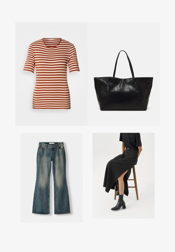 Pruhované tričko s střídajícími se barvami rezavé a krémové, krátké rukávy, kulatý výstřih a měkká, strukturovaná tkanina.; Modré zvonové džíny se zesvětleným práním, pěti kapsami a zapínáním na knoflík. Materiál vykazuje denimovou strukturu s jemnými detaily šití.; Černá maxi sukně z lnu s vysokým rozparkem, nošená s černým tričkem a černými kotníkovými botami. Minimalistický design s volným střihem.; Černá tkaná taška přes rameno s dvěma pevným uchy, má lesklou texturu a prostorný otevřený vrch.