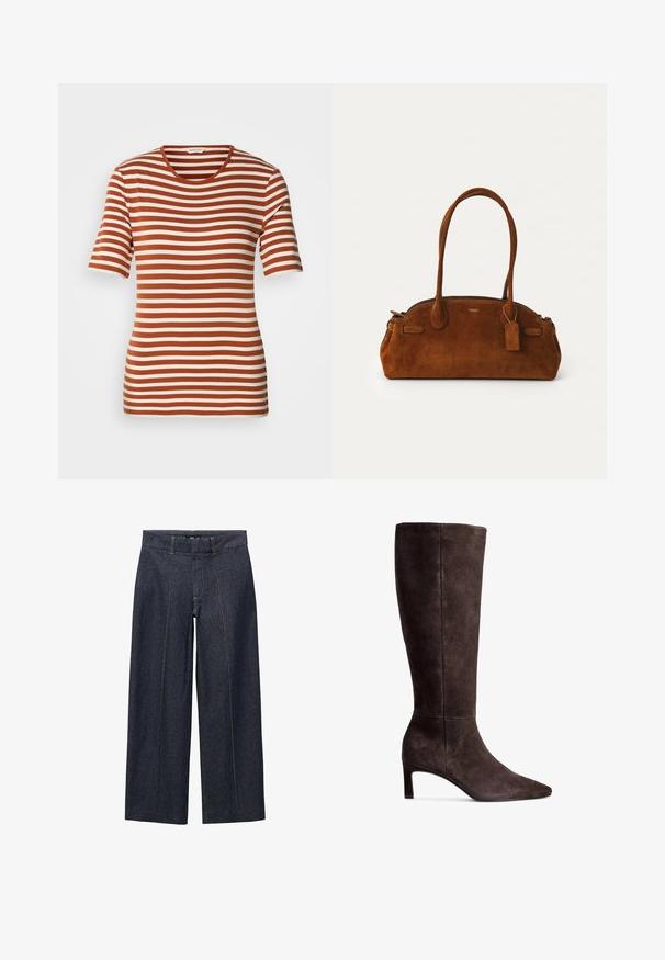 Gestreept T-shirt met afwisselend roest- en roomkleuren, korte mouwen, een ronde halslijn en een zachte, gestructureerde stof.; Donkerblauwe denim wijde broek met voornaad en een standaard tailleband. Voorzien van oranje stiksel en een cropped lengte.; Bruine suede kniehoge laars met een puntige neus en een hak van 7,5 cm. Glad textuur, slanke silhuet en minimalistisch ontwerp.; Bruine suede handtas met twee ronde handvaten, gouden hardware, een klein label en een soepele ritssluiting. Bevat subtiele gestikte accenten.