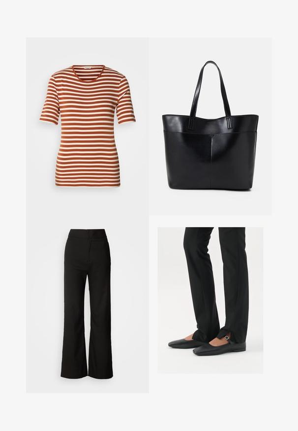 Tricou cu dungi, prezentând culori alternante de rugină și crem, cu mâneci scurte, decolteu rotund și o țesătură moale, texturată.; Pantaloni negri cu croi larg, dintr-o textură netedă, cu talie înaltă și un design simplu. Fără buzunare vizibile sau embellishments.; Balerini din piele neagră, cu vârf ascuțit, curea cu cataramă argintie, asortați cu pantaloni negri tailoring cu tiv despicat.; Geantă oversized din piele neagră, cu două mânere lungi, de textură netedă și formă structurată. Are un buzunar frontal pentru stocare suplimentară.