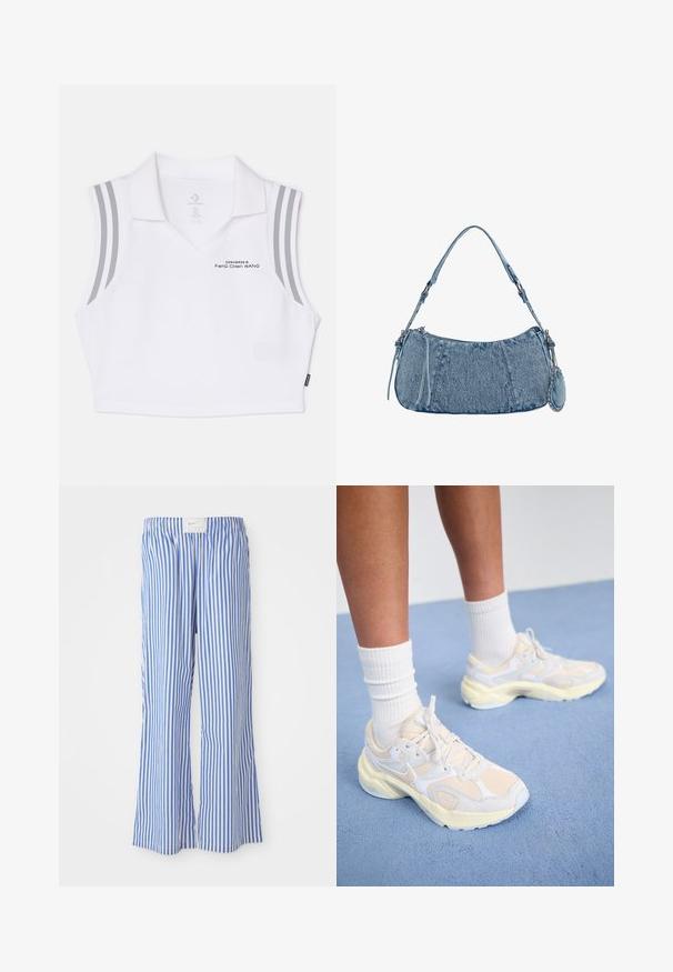 Weißes ärmelloses Poloshirt mit V-Ausschnitt, grauen Akzentstreifen an den Schultern und dem aufgedruckten Text "Feng Chen Wang" auf der Vorderseite.; Blaue und weiße gestreifte Hose mit lockerer Passform, aus leichtem Stoff, mit elastischem Bund und einem dezenten Logo-Tag.; Elegante Sportschuhe in blassgelb und weiß, gefertigt aus Mesh- und Synthetikmaterialien, mit runder Form und strukturierten Sohlen.; Denim-Handtasche mit geschwungener Form, hellblauer Farbe, verstellbarem Schultergurt und einem kleinen abnehmbaren Täschchen mit metallischen Akzenten.