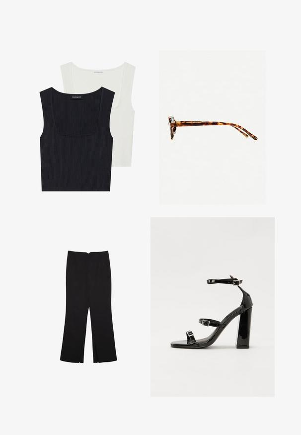 Zwei gerippte Tanktops in Schwarz und Weiß. Beide haben einen quadratischen Ausschnitt, dünne Träger und einen weichen, strukturierten Stoff.; Schwarze Hose mit geradem Schnitt, ausgestattet mit Fronttaschen und Seitenschlitzen am Saum. Hergestellt aus weichem, glattem Stoff. Geeignet für verschiedene Anlässe.; Schwarze patentierte Sandalen mit Absatz, quadratischer Spitze, Knöchelriemen und silbernen Schnallen. Mit einem stabilen Blockabsatz für mehr Stabilität.; Schildpatt-Sonnenbrille mit dickem Rahmen, leicht gebogenen Bügeln und glatter Textur. Sie präsentiert ein klassisches Design mit glänzender Oberfläche.